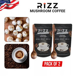 Pack of 2 RIZZ Mushroom Coffee - 33 Servings - 198g - 6 Mushrooms, Boosts Immunity, Improves Energy and Focus